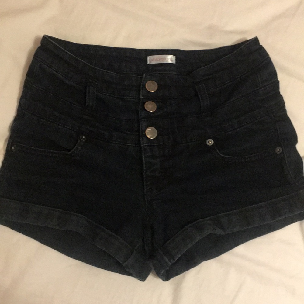 3 button high waisted black denim shorts